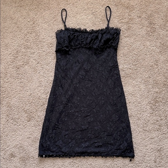 Vintage 90s Y2K Black Slip Mini Sequin Trim Cami Tank Bodycon Whimsigoth Dress - Picture 1 of 8